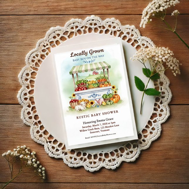 Locally Grown Market Boy Baby Shower Invitation Postcard (Creator Uploaded)