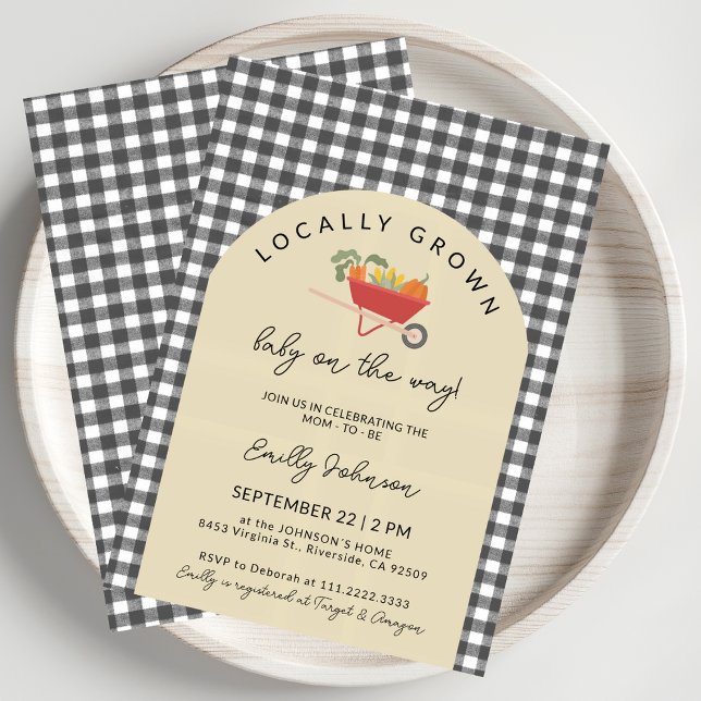 Locally Grown Modern Grey Gingham Baby Shower Invitation (Creator Uploaded)