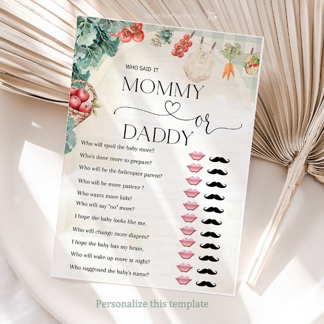 Locally Grown Mommy or Daddy Baby Shower Game Card (Locally Grown Baby Farmers Market )