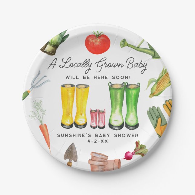 Locally Grown Pink Boots Vegetable Baby Shower Paper Plates (Front)