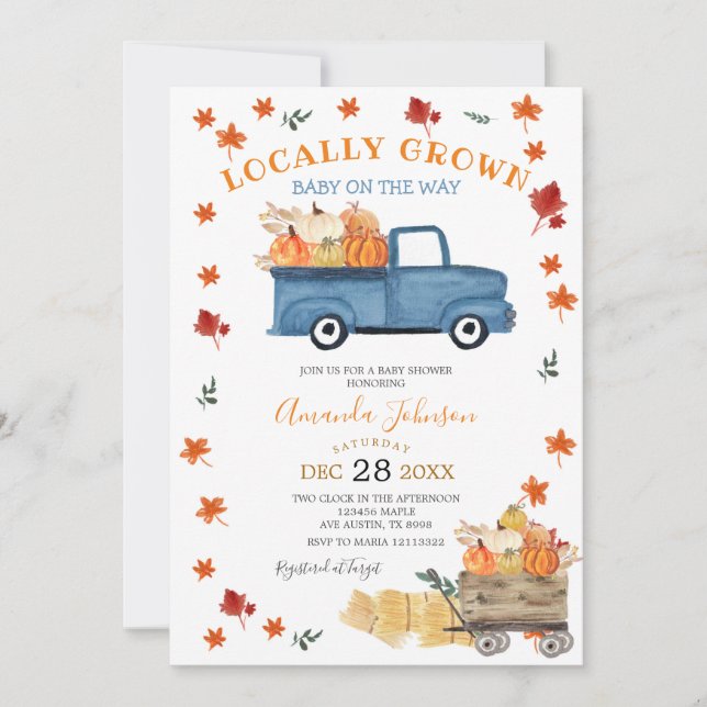 Locally Grown Pumpkin Truck Fall Boy Baby Shower Invitation (Front)