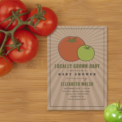 Locally Grown Red  Green Tomato Baby Shower Invit Invitation