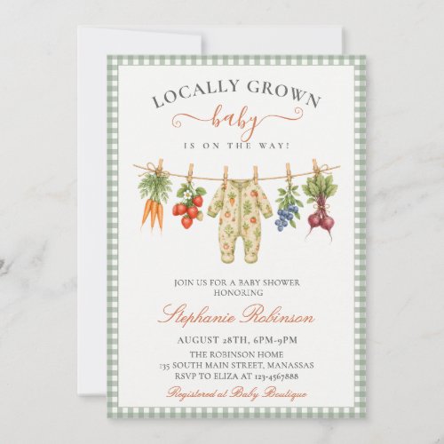 Locally Grown Sage Green Gingham Baby Shower Invitation