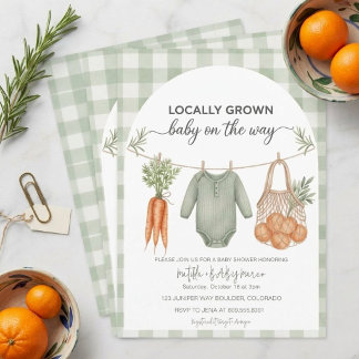 Locally Grown Sage Green Gingham Baby Shower Invitation