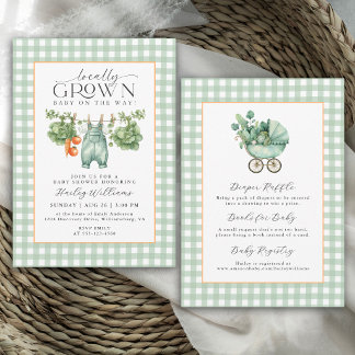 Locally Grown Sage Green Gingham Baby Shower Invitation