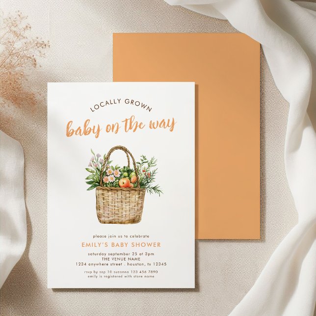 Locally Grown Script Farmers Market Baby Shower  Invitation (Front and back view)