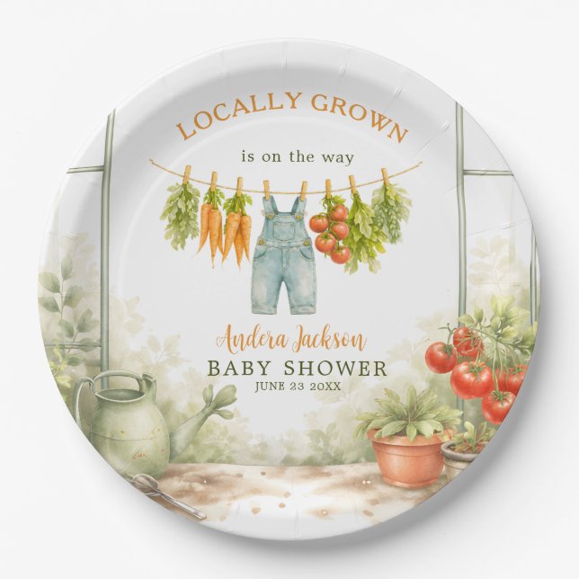 Locally Grown Veggie Clothesline Baby Shower Paper Plates (Front)