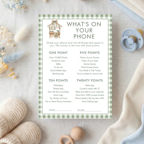 Locally Grown Whats on Phone Baby Shower Game card