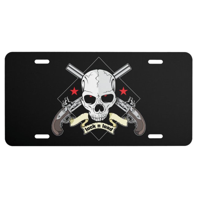 Lock n Load Skull With Pistols And Stars License Plate (Front)