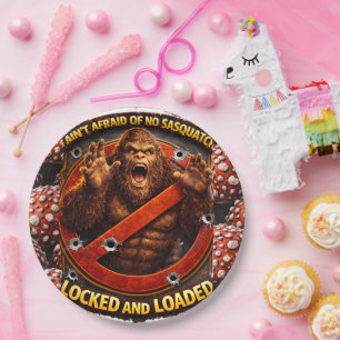Locked and loaded Sasquatch birthday party paper Plates