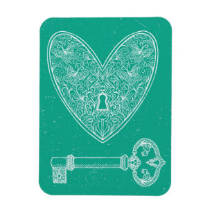 Locked Heart and Key on Emerald Green Background Magnet