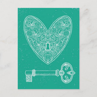 Locked Heart and Key on Emerald Green Background Postcard