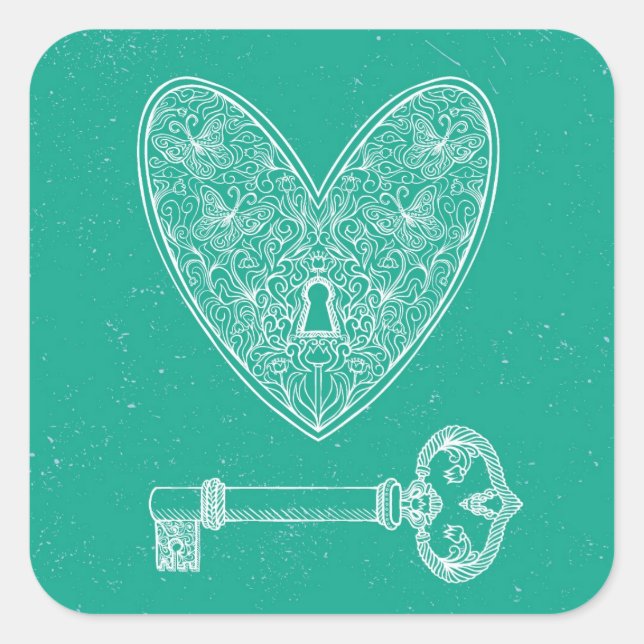 Locked Heart and Key on Emerald Green Background Square Sticker (Front)