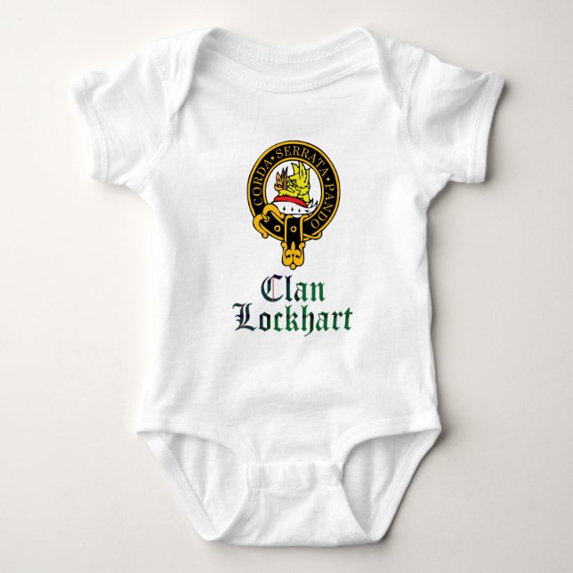 Lockhart scottish crest and tartan clan name baby bodysuit (Front)