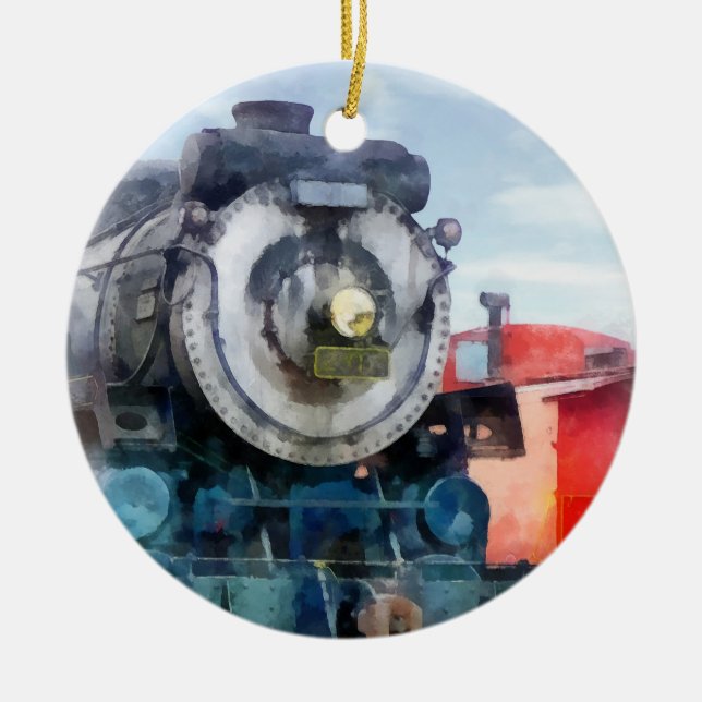 Locomotive and Caboose Ceramic Ornament (Front)