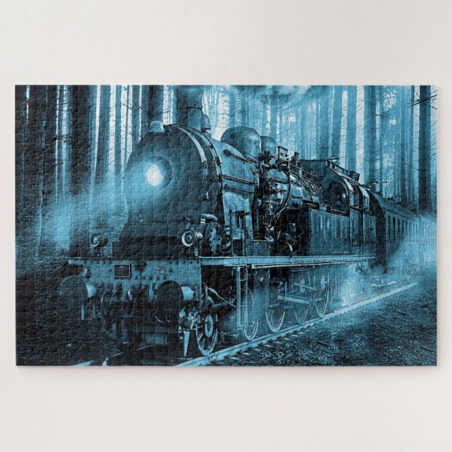 Locomotive in Shades of Blue - Large Puzzle (Horizontal)