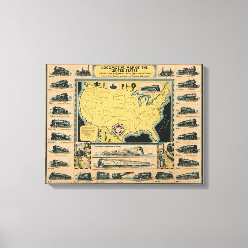 Locomotive Map of the United States Canvas Print