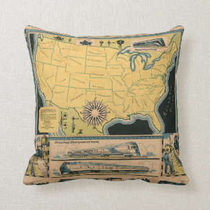 Locomotive Map of the United States Throw Pillow