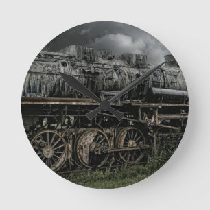 locomotive steam engine train rail railway round clock