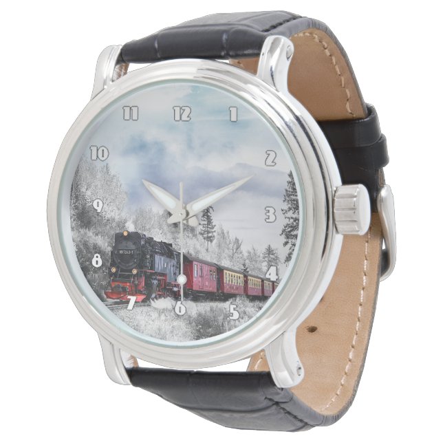 Locomotive Train Men's Black Leather Strap Watch (Angled)