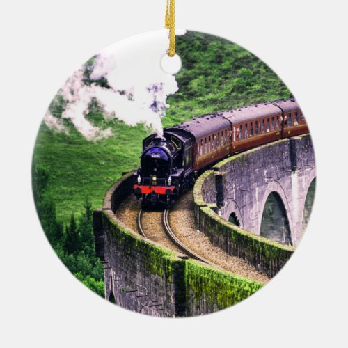 Locomotive Train on Bridge Ceramic Ornament