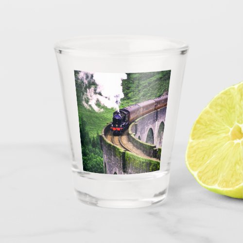 Locomotive Train on Bridge Shot Glass