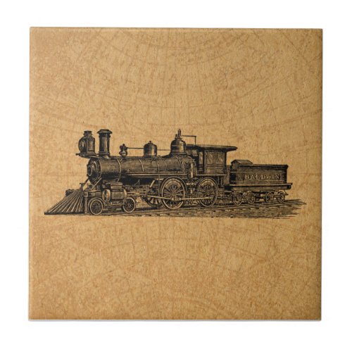 Locomotive Train Vintage Steam Engine  Map Style Ceramic Tile