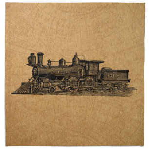 Locomotive Train Vintage Steam Engine & Map Style Cloth Napkin
