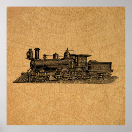 Locomotive Train Vintage Steam Engine &amp; Map Style Poster
