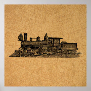 Locomotive Train Vintage Steam Engine & Map Style Poster