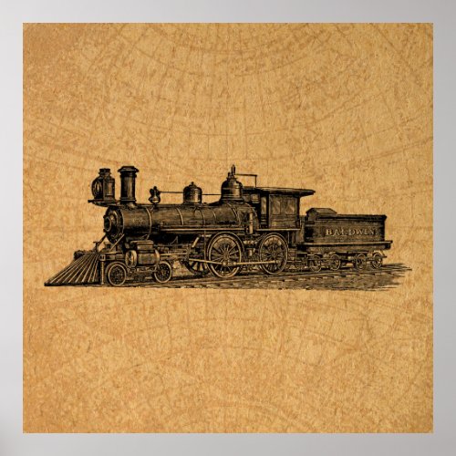 Locomotive Train Vintage Steam Engine  Map Style Poster