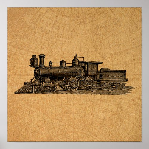 Locomotive Train Vintage Steam Engine  Map Style Poster