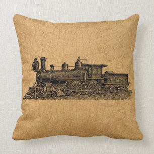 Locomotive Train Vintage Steam Engine & Map Style Throw Pillow