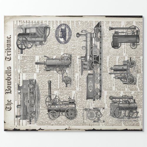 LOCOMOTIVES ON ANTIQUE NEWSPRINT DECOUPAGE WRAPPING PAPER