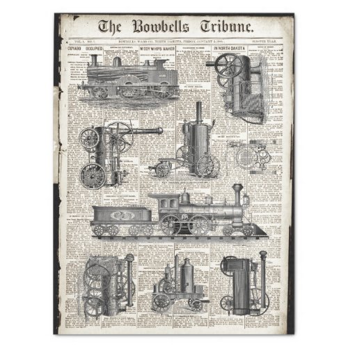 LOCOMOTIVES ON ANTIQUE NEWSPRINT TISSUE PAPER