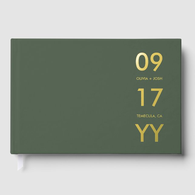Loden Green Foil Modern Wedding Date Typography Foil Guest Book (Front)