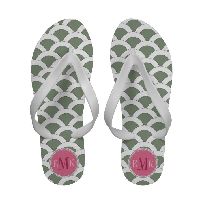 Loden Green Scalloped Shells Pink Monogram Flip Flops