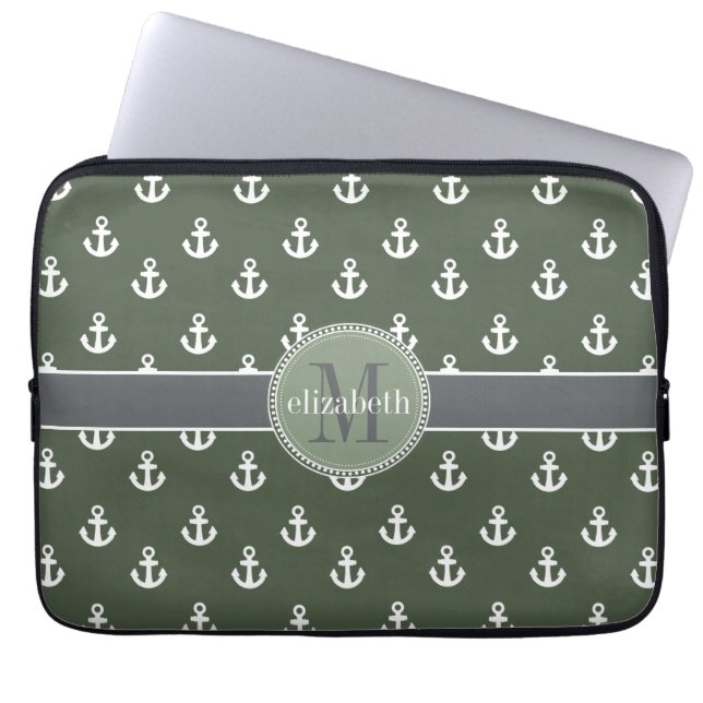 Loden Green White Ship Anchors Monogram Laptop Sleeve (Front)