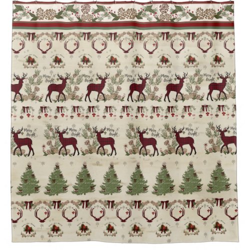Lodge Christmas Tree Merry Bright Deer Antlers Shower Curtain