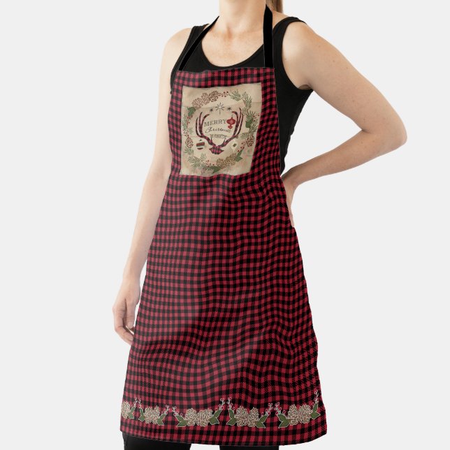 Lodge Merry Christmas Deer Antler Buffalo Check Apron (Insitu)