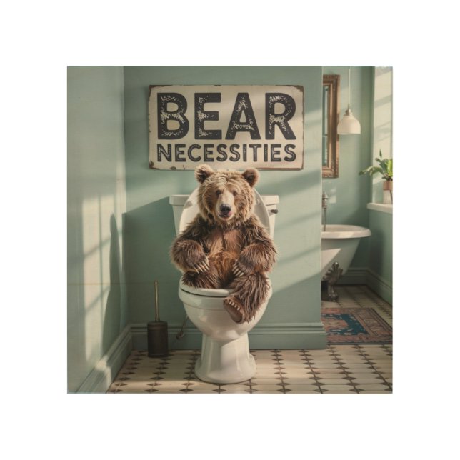 Lodge Style Bathroom Funny Bear Toilet  Wood Wall Art (Front)