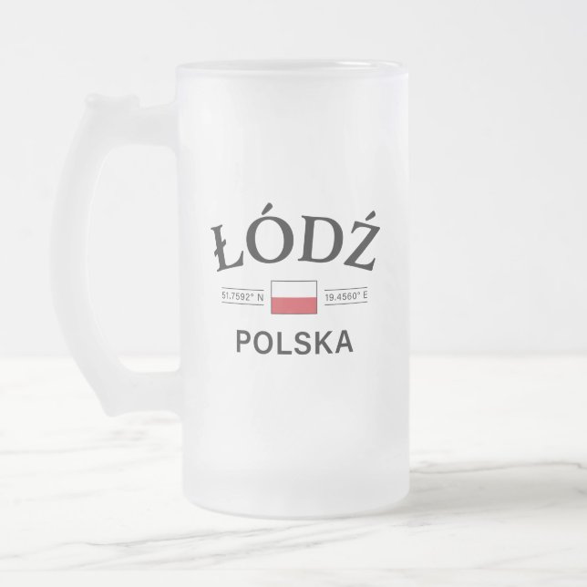 Lodz Polska (Poland) Polish Coordinates Frosted Glass Beer Mug (Left)