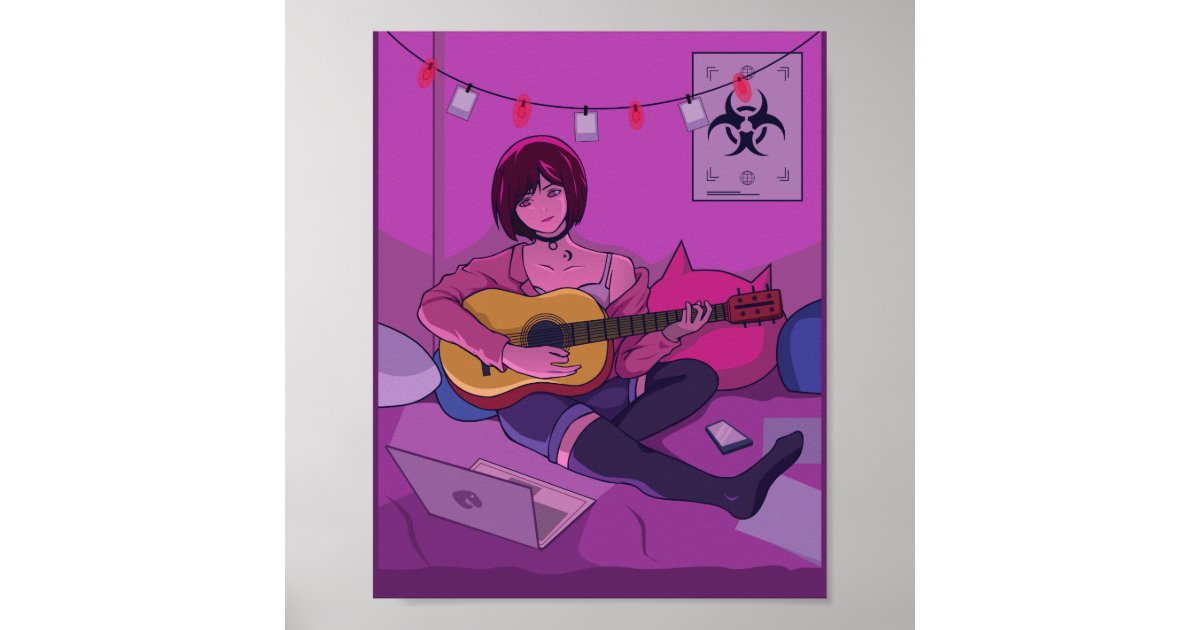 Lofi Anime Art Playing Guitar Poster