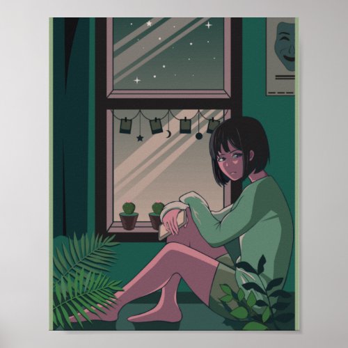 Lofi Anime Art Sad Girl Missing Someone Poster
