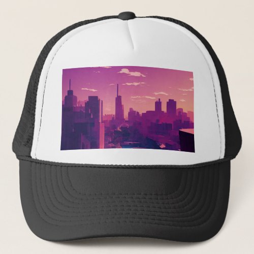 Lofi Dreams Looking out at City Skyline Sunrise Trucker Hat