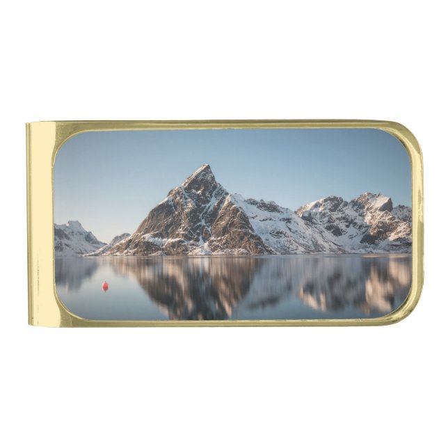 Lofoten Mountain Landscape Photo Gold Finish Money Clip (Front)