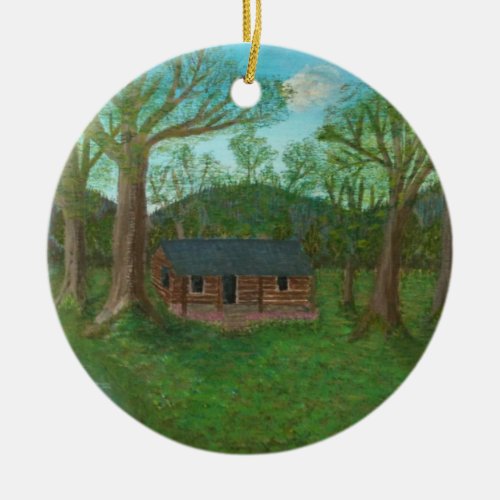 Log Cabin and Trees Ceramic Ornament