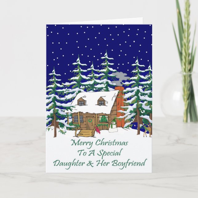 Log Cabin Christmas Daughter & Boyfriend Holiday Card (Front)