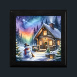 Log Cabin - Christmas Gift Box<br><div class="desc">A watercolor style image capturing a tranquil Christmas night with a log cabin and a merry snowman outside.</div>
