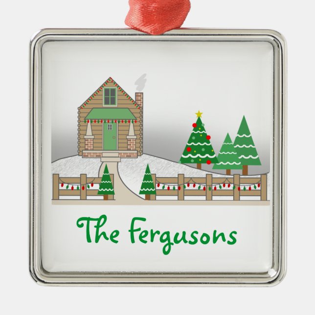 Log Cabin & Christmas Lights Snow Scene Metal Ornament (Front)